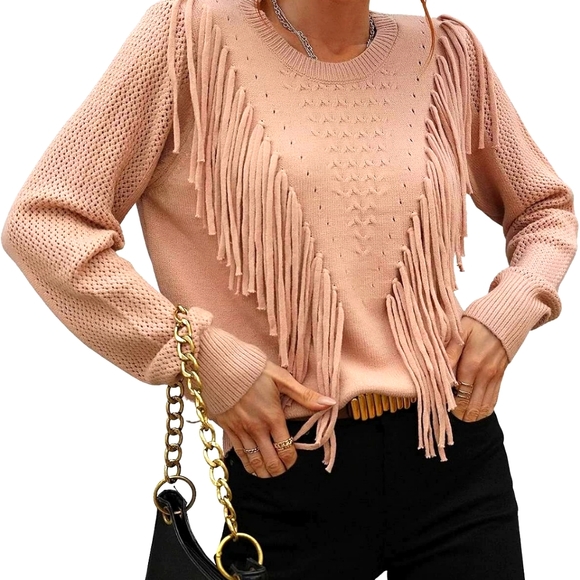 Women's Casual Crew Neck Fringe Tassel Sweater - Picture 1 of 6